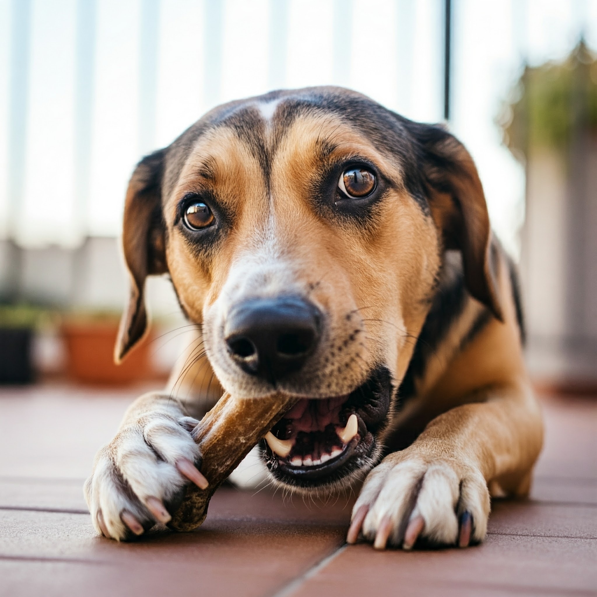 Cane che rosicchia un osso, esempio di alimentazione barf.