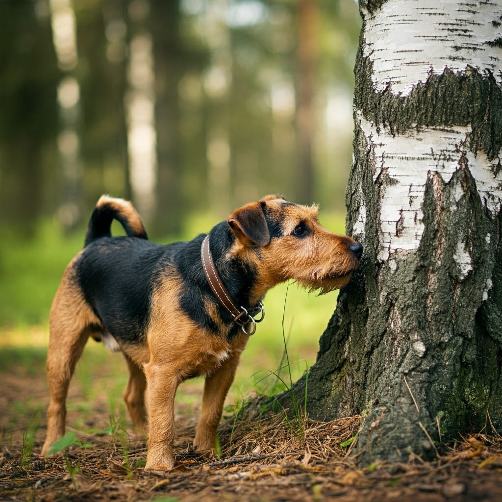 Cane che esplora un bosco e annusa un albero, possibile esposizione alla blastomicosi.