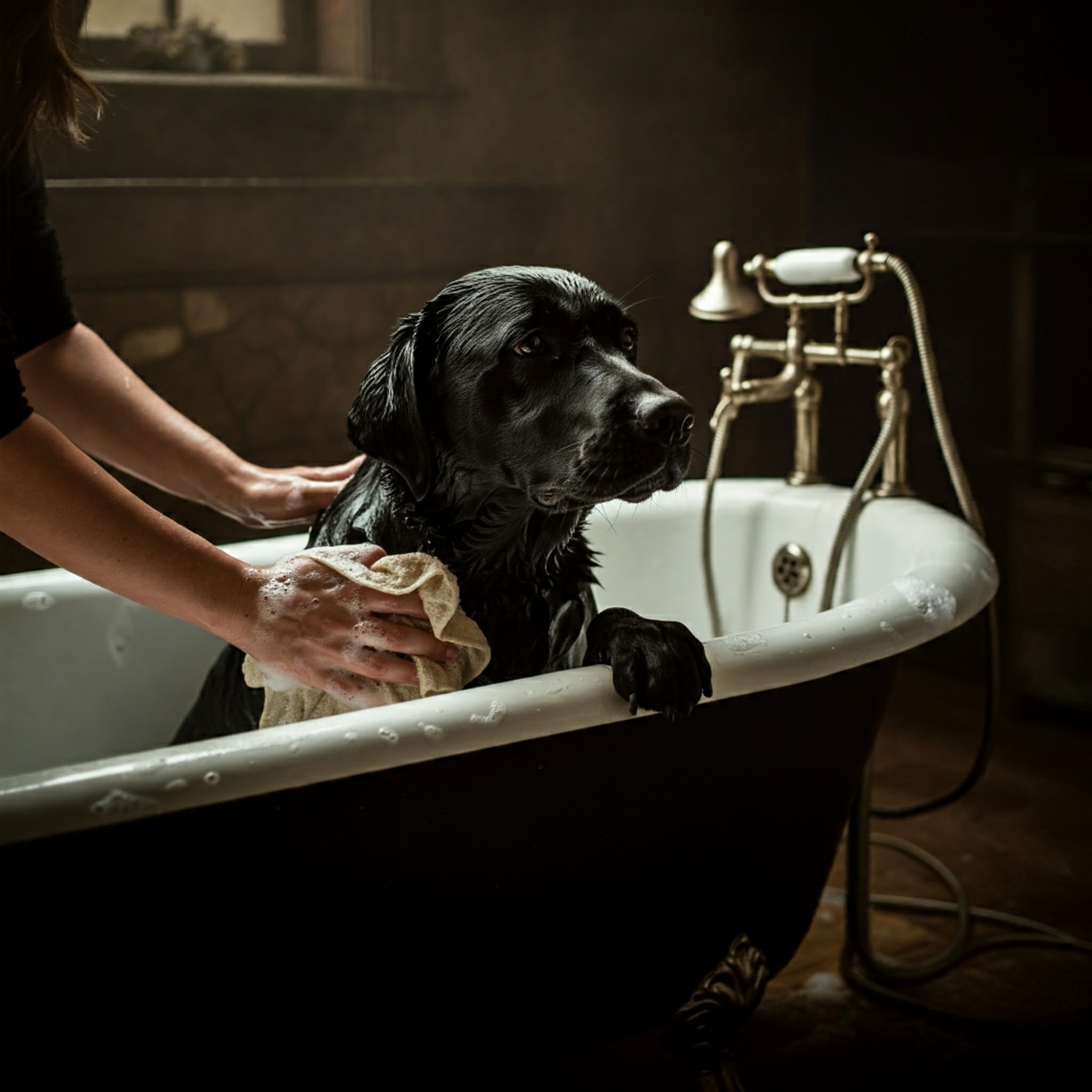 Cane Labrador nero viene lavato con cura in una vasca vintage