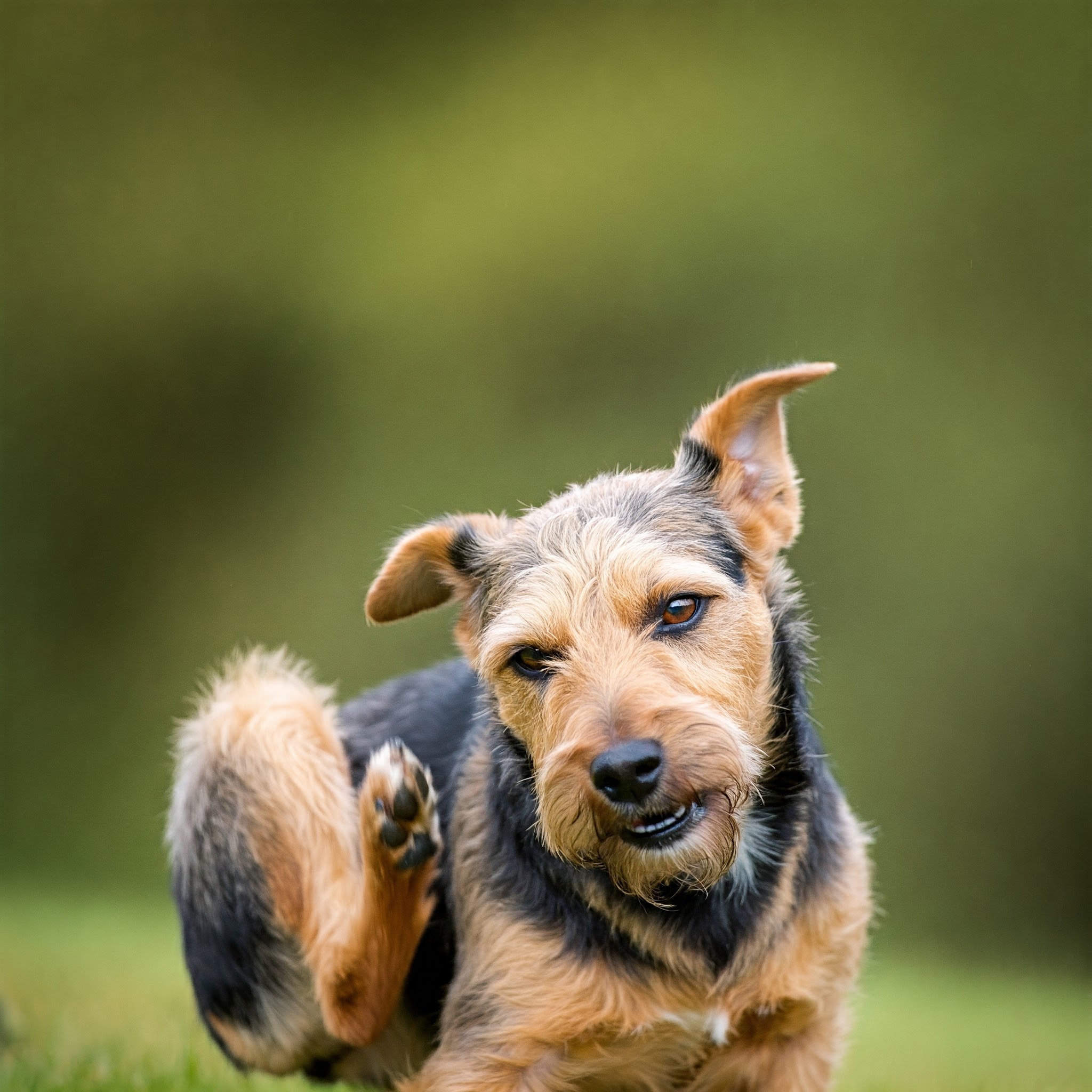 Cane che si gratta compulsivamente, possibile rogna sarcoptica.