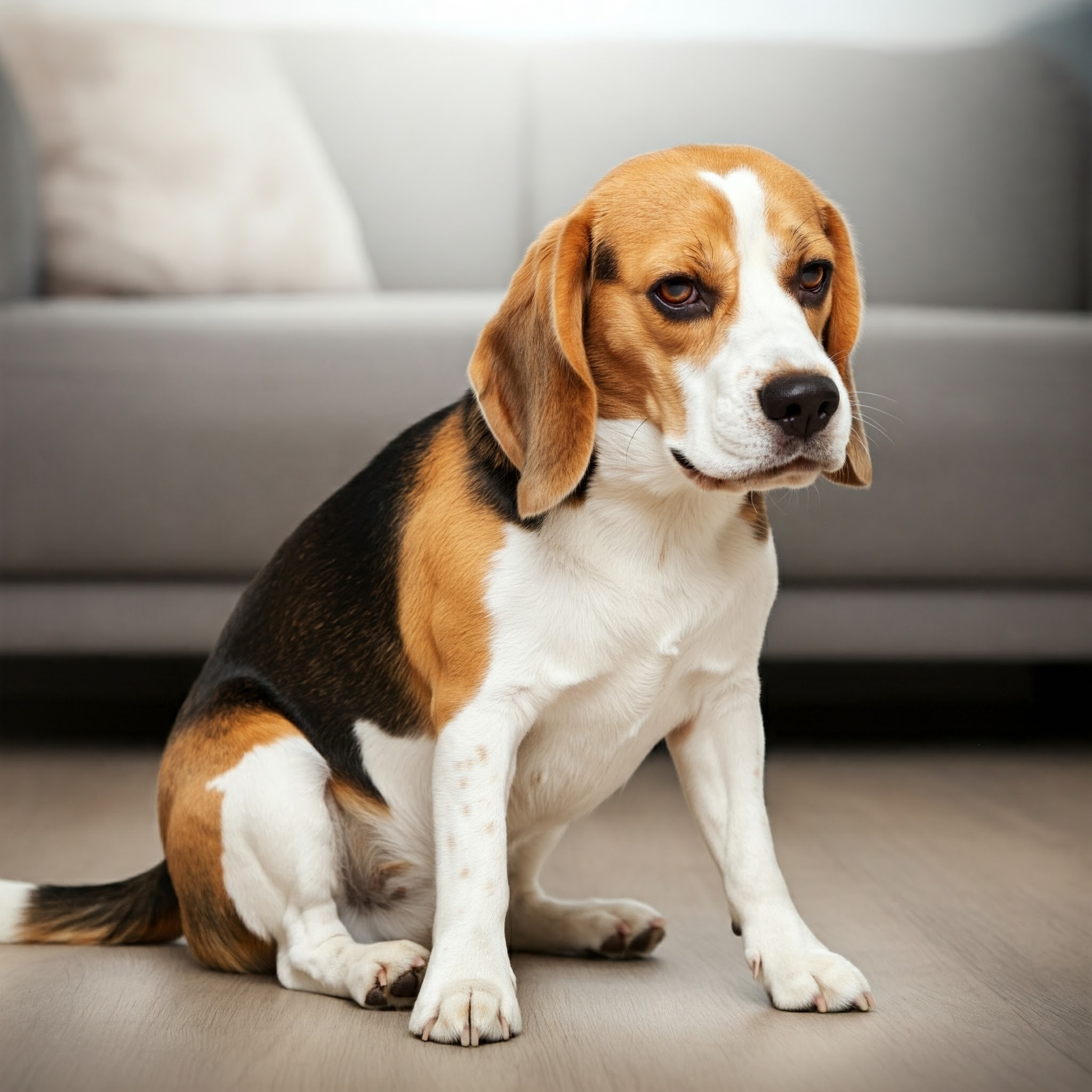 Sintomi di parvovirosi nel cane: Beagle con dolore addominale e postura anomala