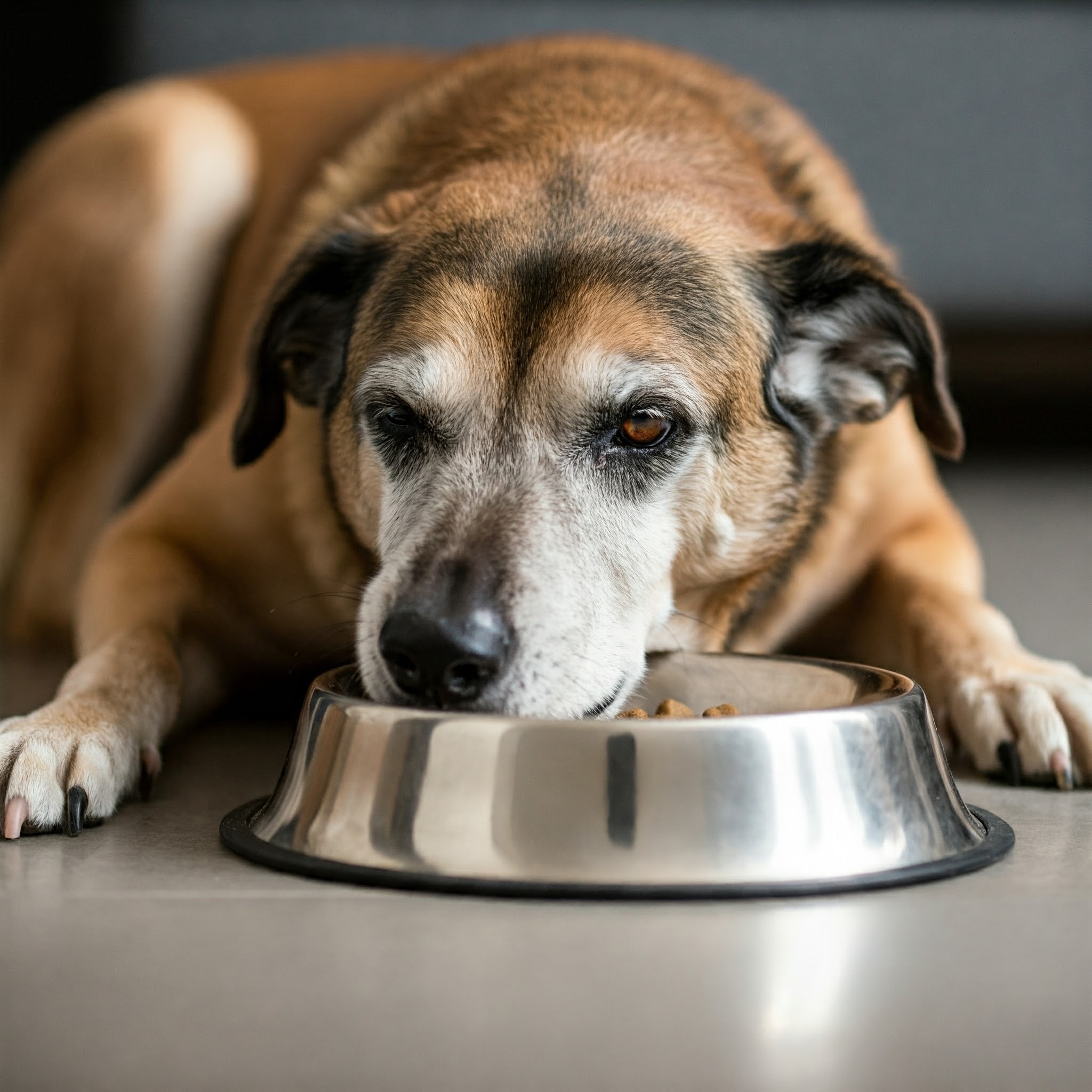Un cane anziano mangia