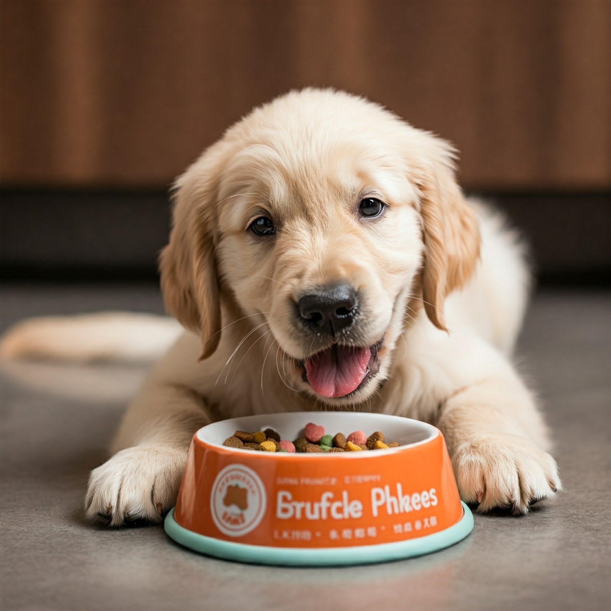 Un cucciolo di Golden Retriever mangia con gusto una ciotola piena di crocchette colorate fatte in casa.