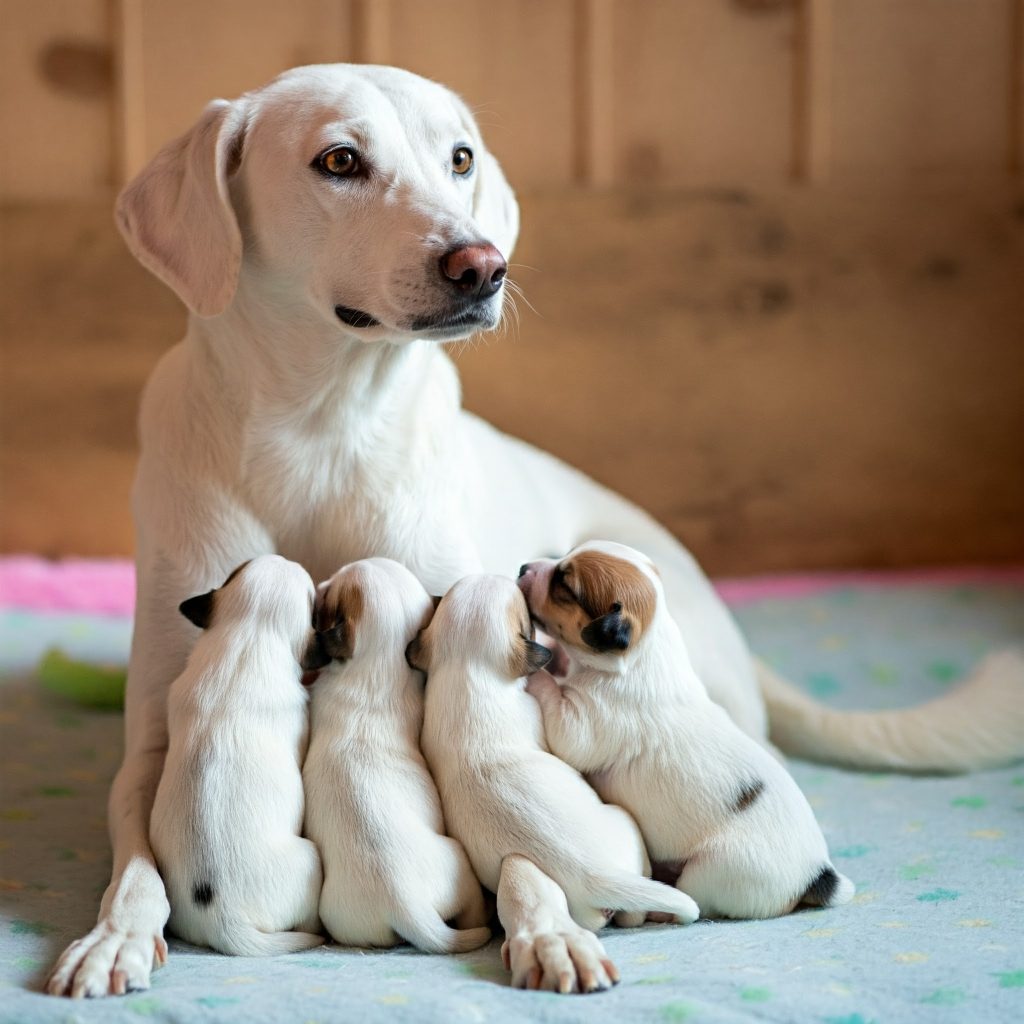 Neomamma canina accudisce i suoi cuccioli dopo essere stata lavata con cura