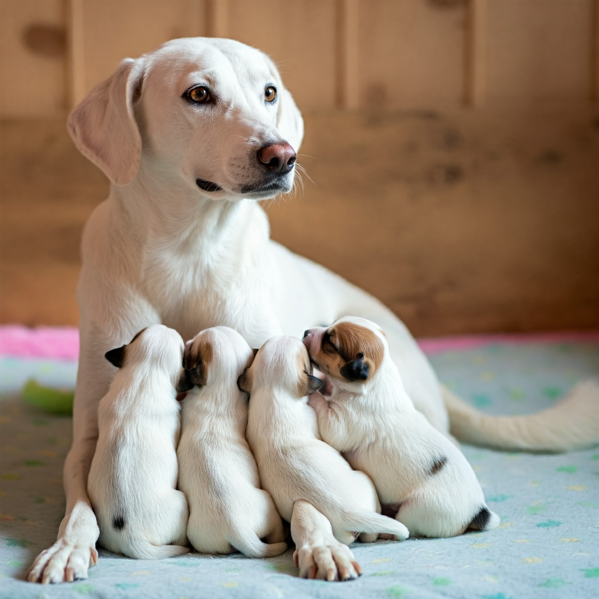 Neomamma canina accudisce i suoi cuccioli dopo essere stata lavata con cura