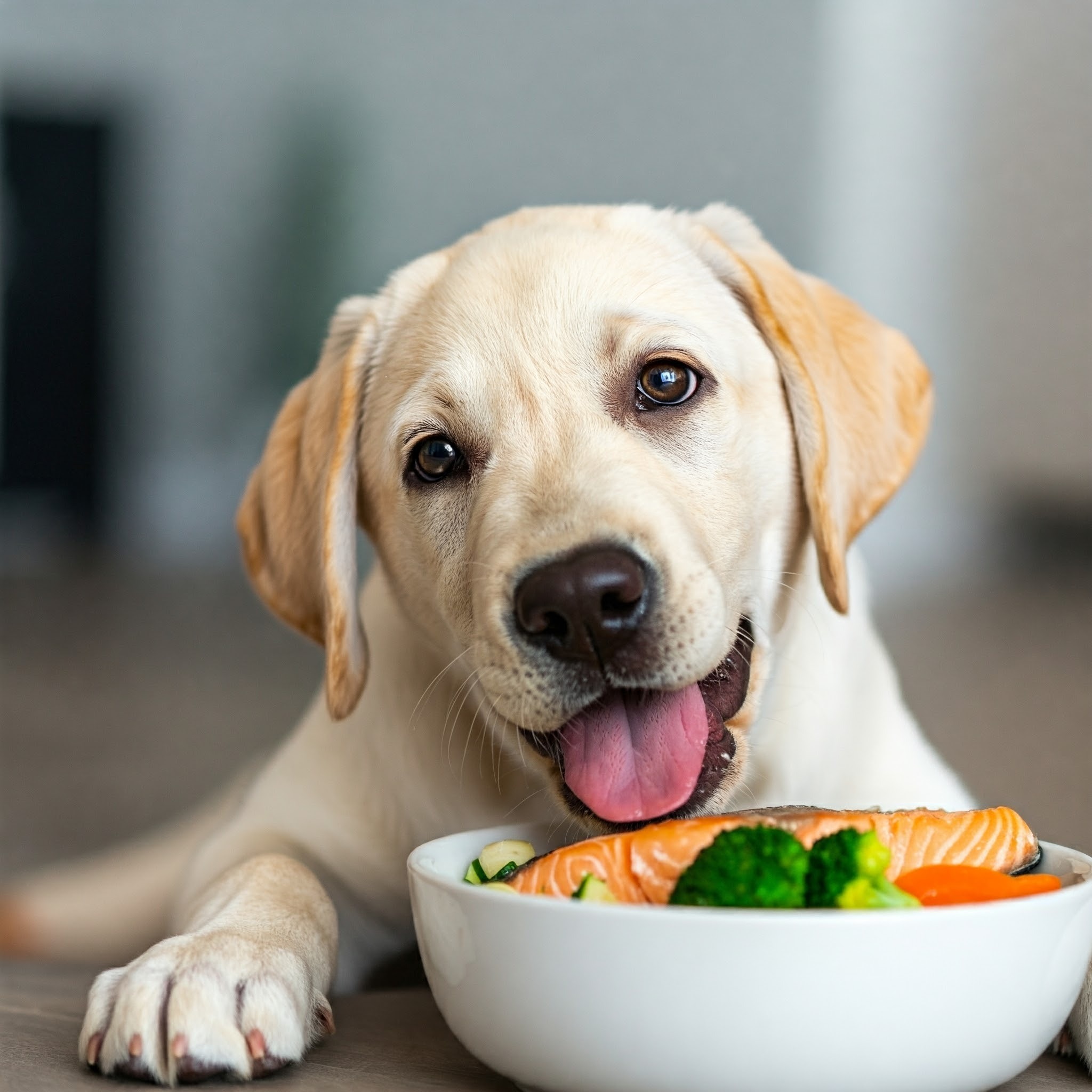 Cucciolo di Labrador Retriever mangia salmone e verdure da una ciotola.