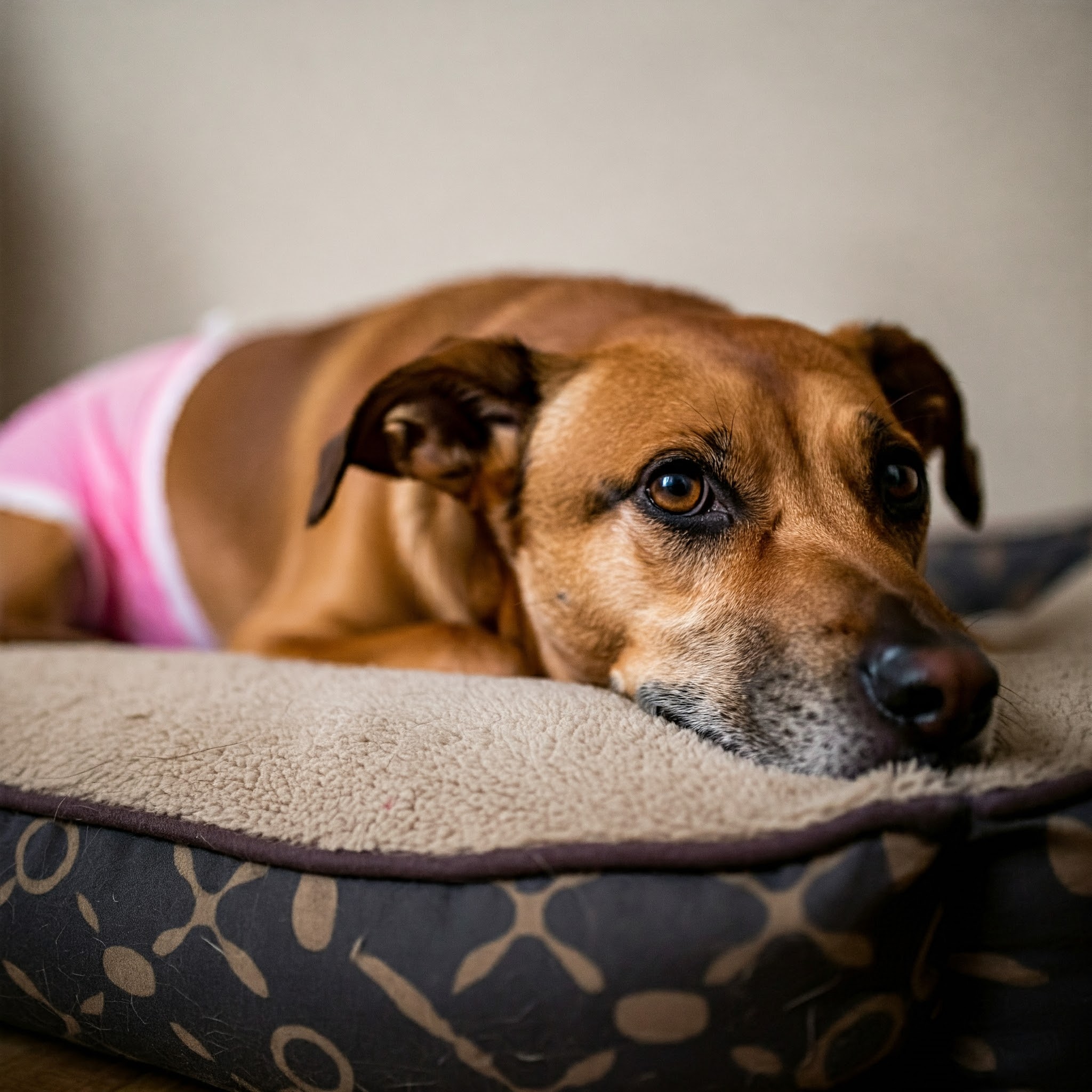 Cagnolina con mutandina igienica per mantenersi pulita durante il ciclo