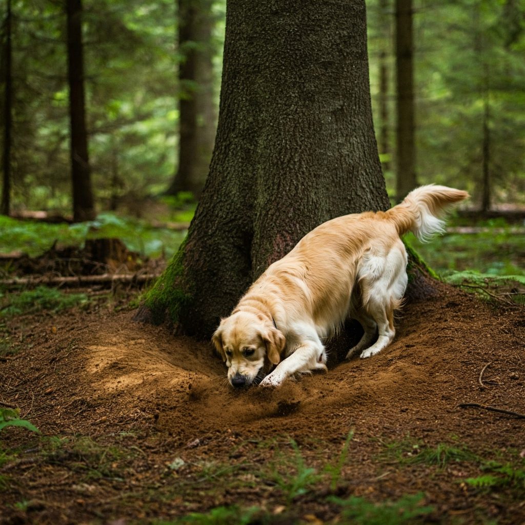 Golden Retriever che scava una buca vicino a un albero in un bosco, possibile esposizione alla coccidioidomicosi.