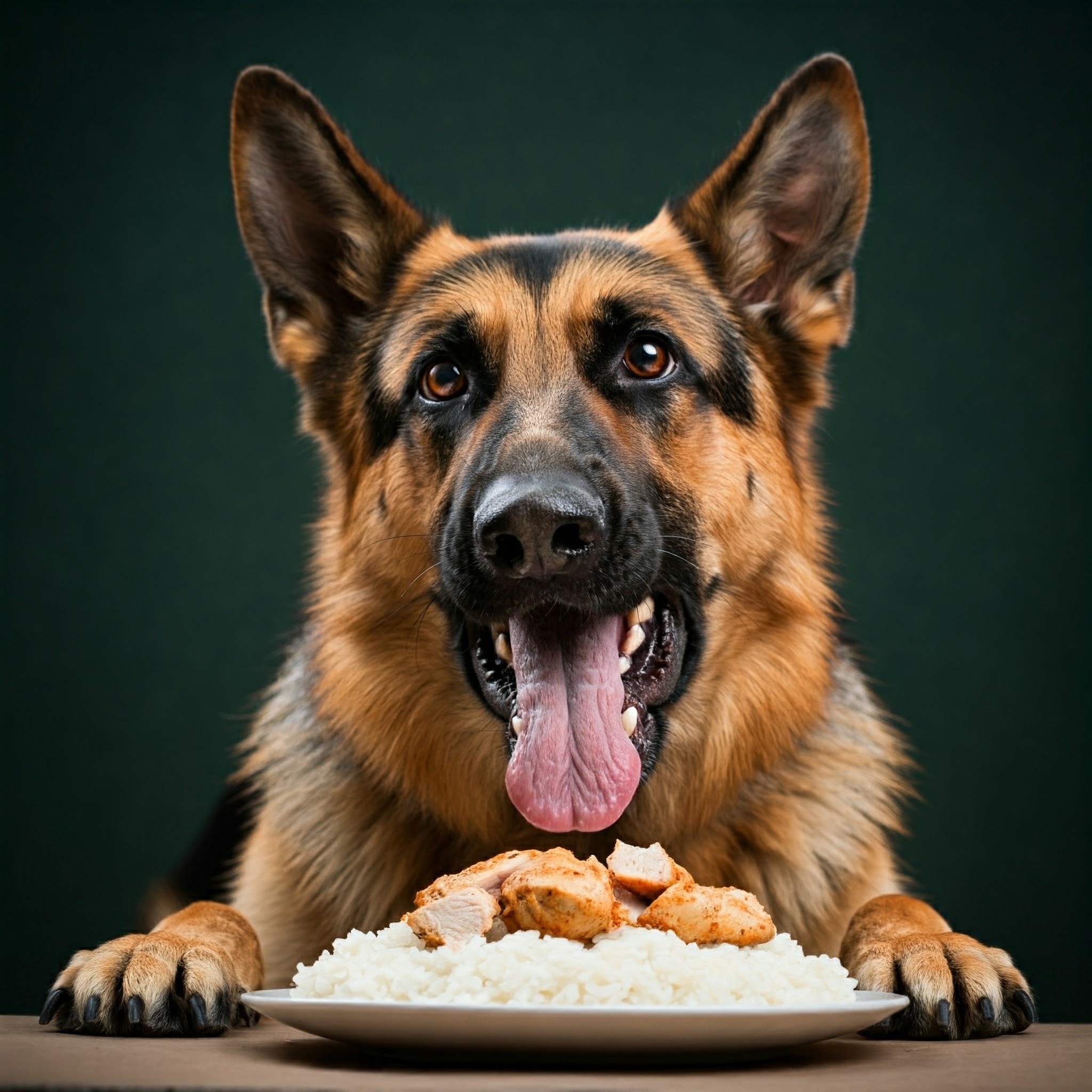 Pastore Tedesco felice mentre gusta un pasto casalingo a base di riso e pollo.
