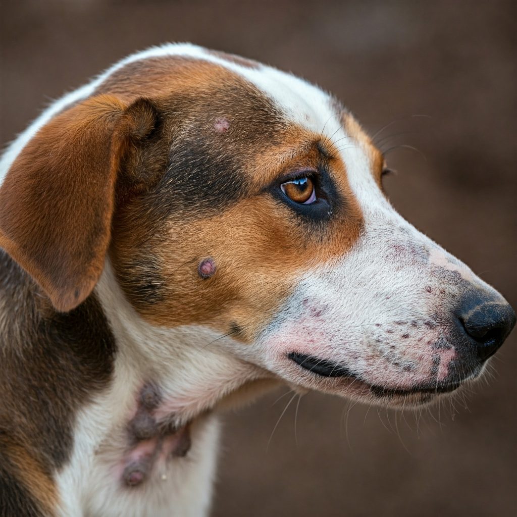 Cane con lesioni cutanee causate dalla leishmaniosi. Impara a riconoscere i sintomi e proteggi il tuo cane.