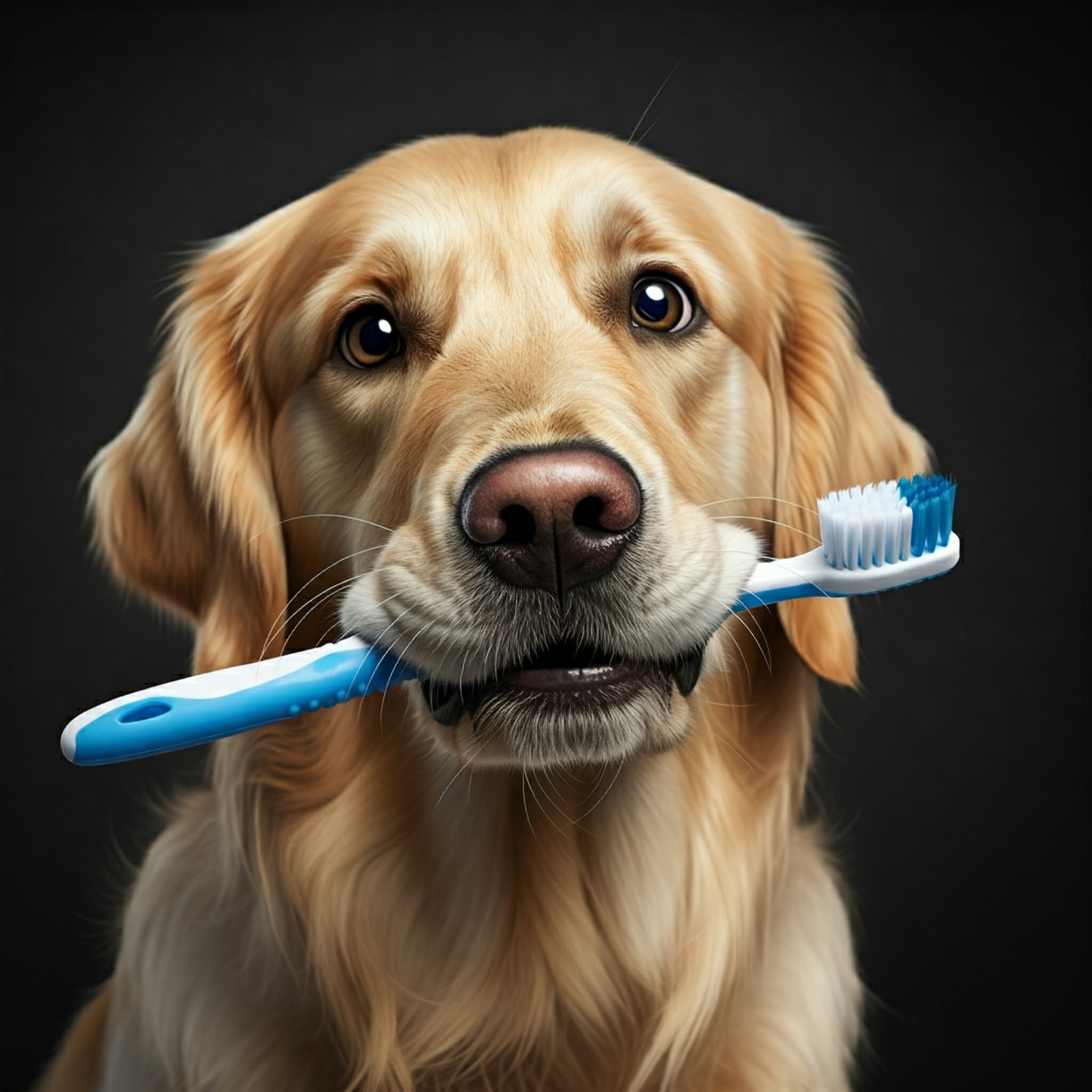 Cane perplesso con spazzolino da denti in bocca: dentifricio umano o per cani?
