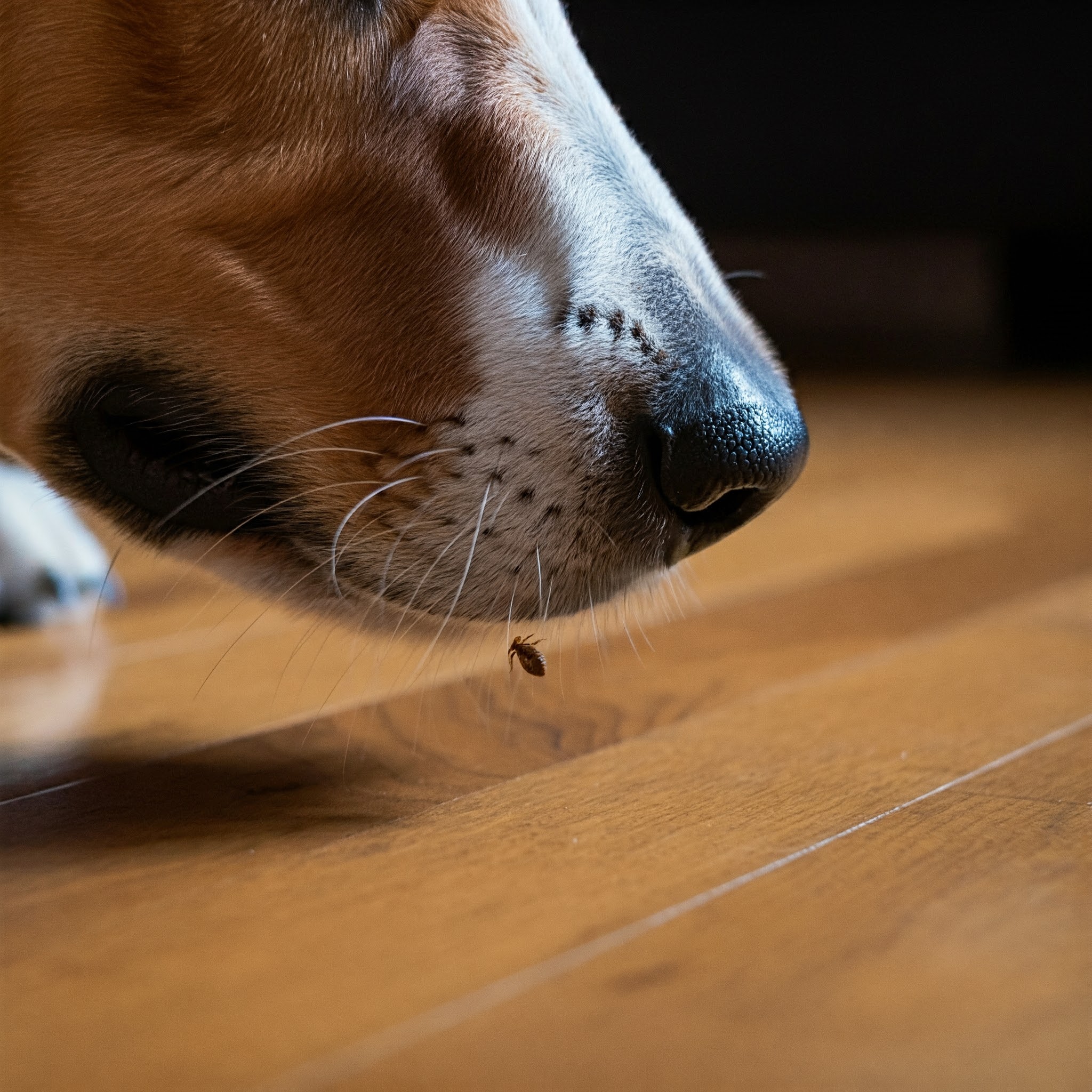 Muso di un cane che annusa una pulce, possibile fonte di infestazione da tenia.