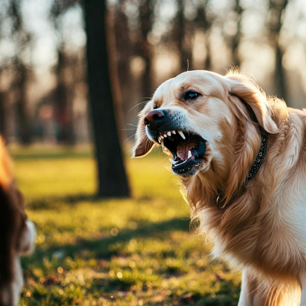 Cane che mostra sintomi di rabbia: pelo irto, ringhi e bava alla bocca