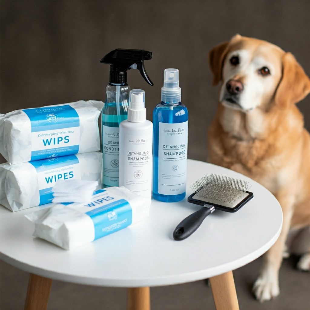 Prodotti per la toelettatura del cane: shampoo, balsamo, spray e spazzola su un tavolo con un cane curioso