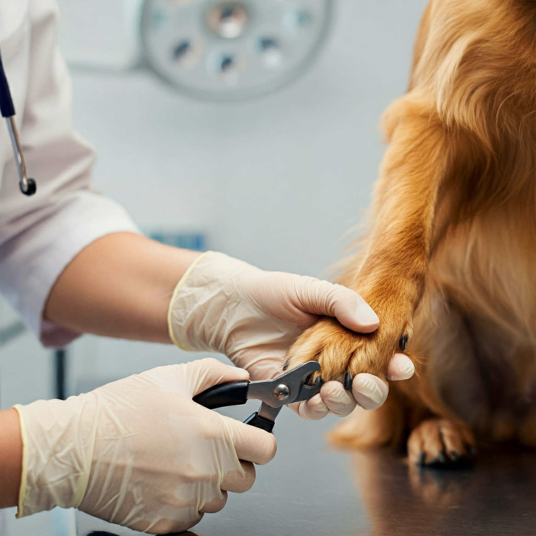 Veterinario che taglia le unghie a un cane con un tagliaunghie professionale. Impara come tagliare le unghie al cane in modo sicuro con la nostra guida completa.