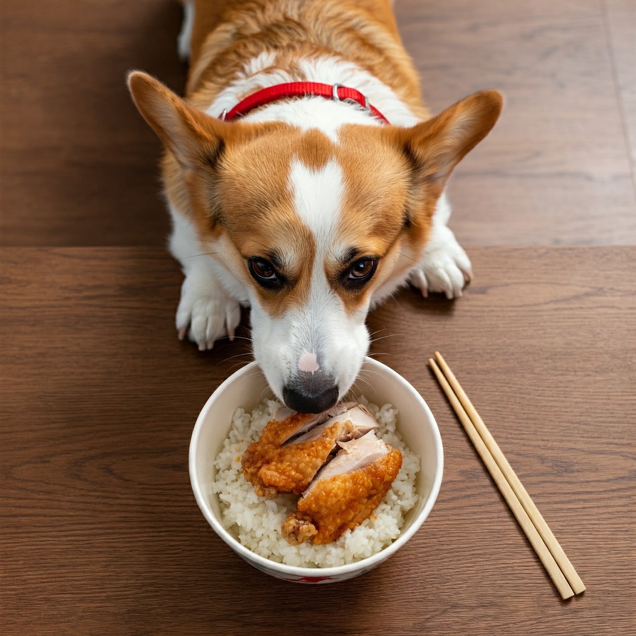 Cane felice che gusta un pasto casalingo a base di riso e pollo.