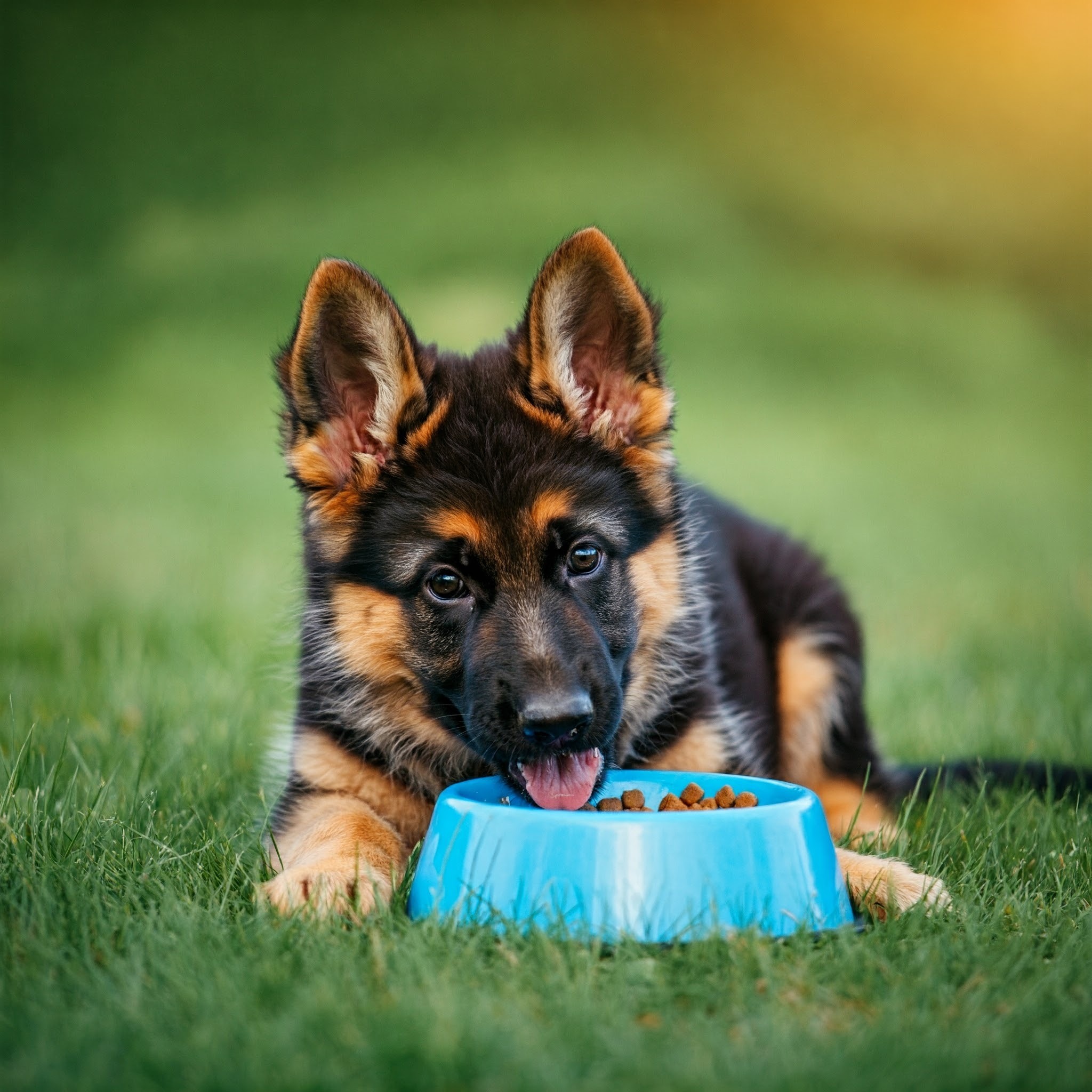 Un cucciolo di Pastore Tedesco con il pelo folto e un'espressione giocosa, che mangia da una ciotola di plastica blu su un prato verde lussureggiante nel caldo sole pomeridiano.