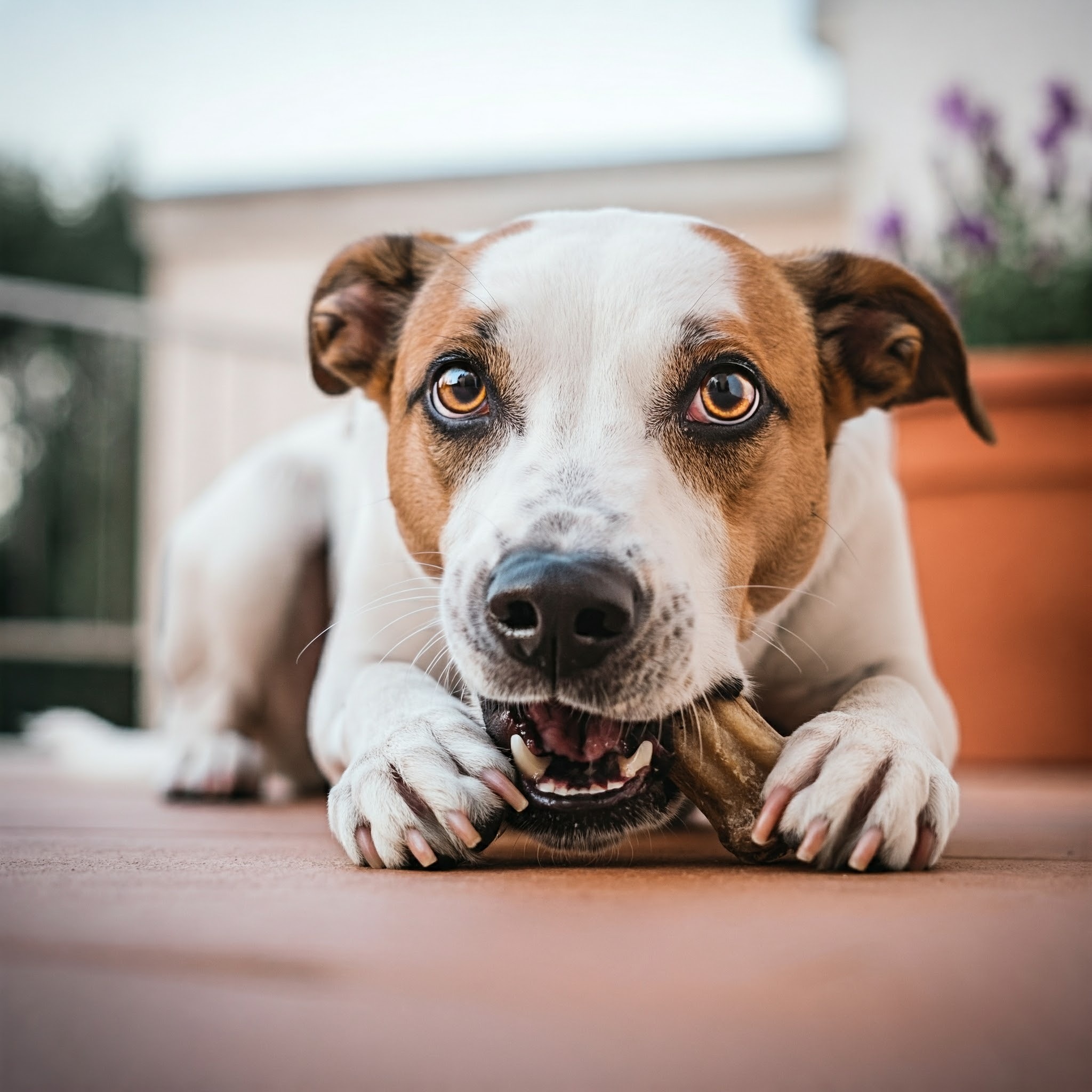 Cane che segue la dieta barf, rosicchiando un osso.