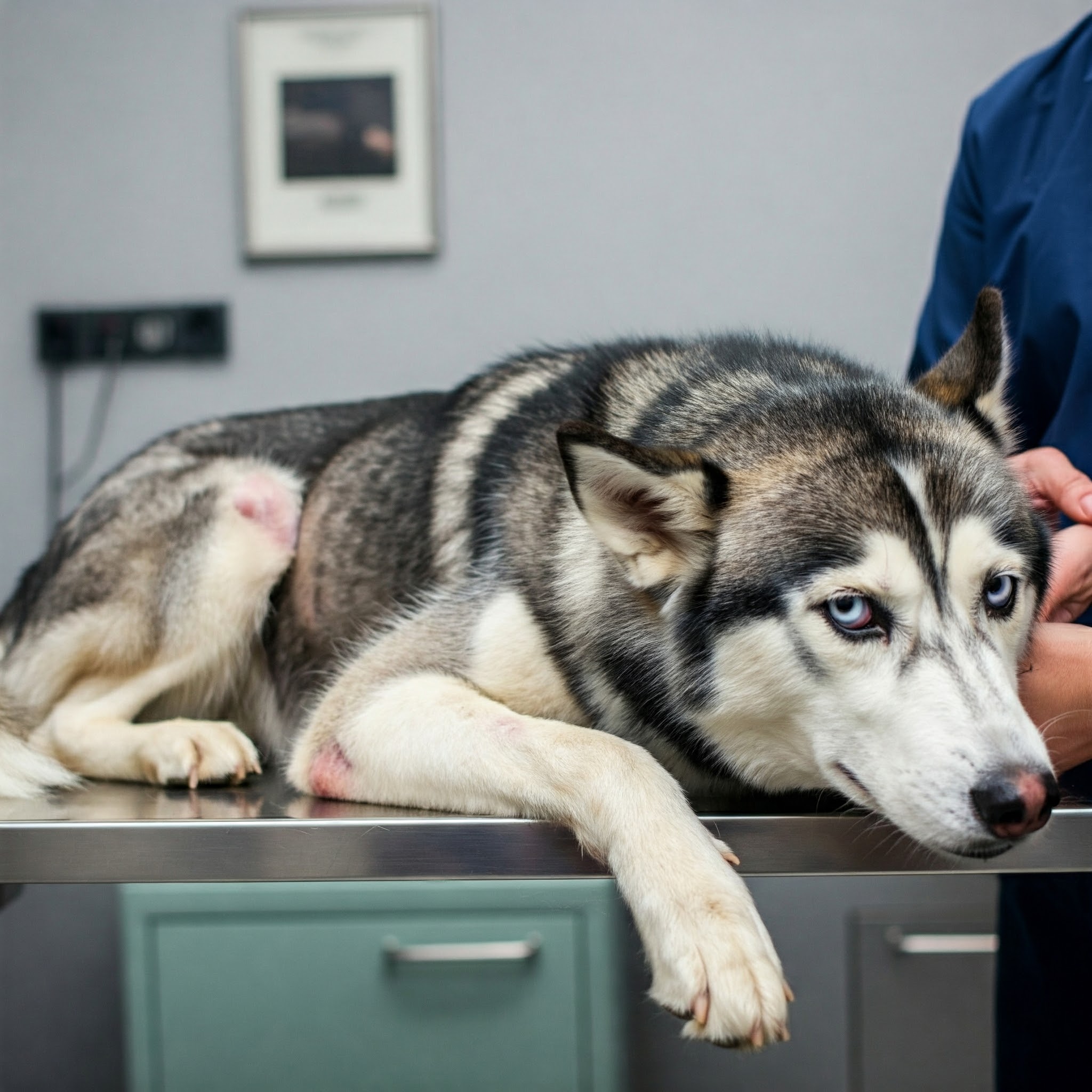 Un cane con osteosarcoma, che mostra segni di gonfiore alla zampa, zoppia e letargia.