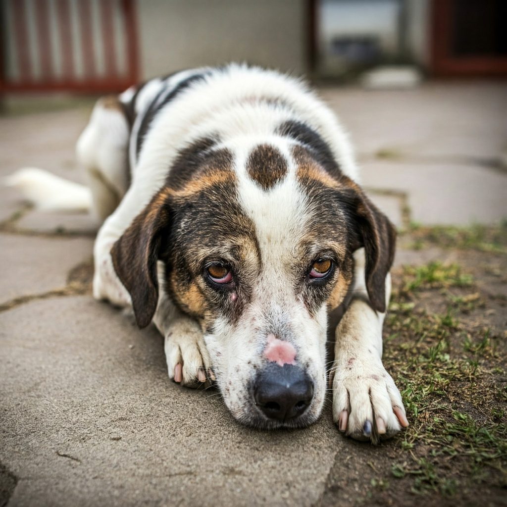 Un cane con lupus eritematoso sistemico che mostra segni di lesioni cutanee, gonfiore alle articolazioni e letargia.