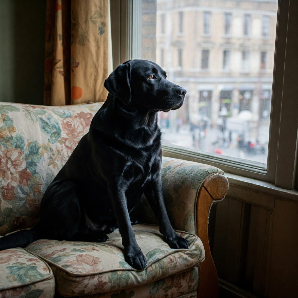 Insegnare al cane a non abbaiare: Labrador osserva dalla finestra