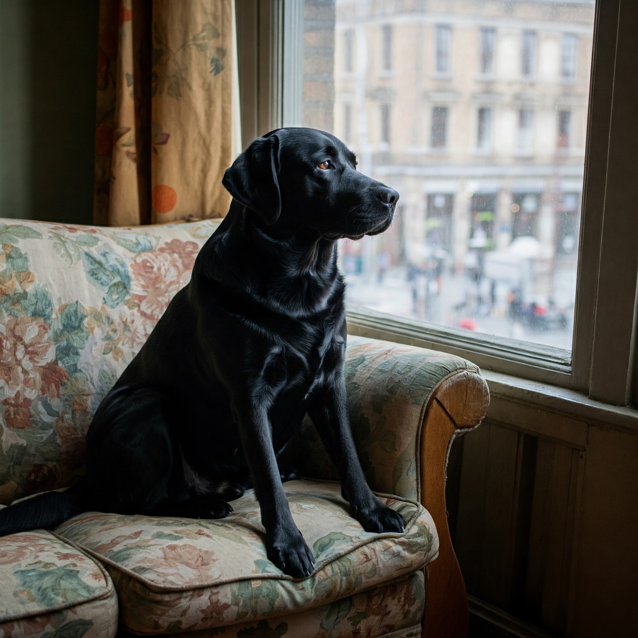 Insegnare al cane a non abbaiare: Labrador osserva dalla finestra