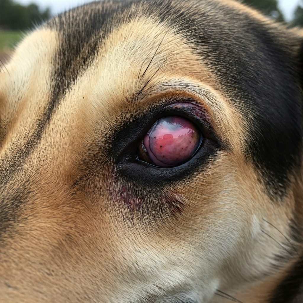 Ulcera corneale nel cane: occhio arrossato e con lesione visibile.