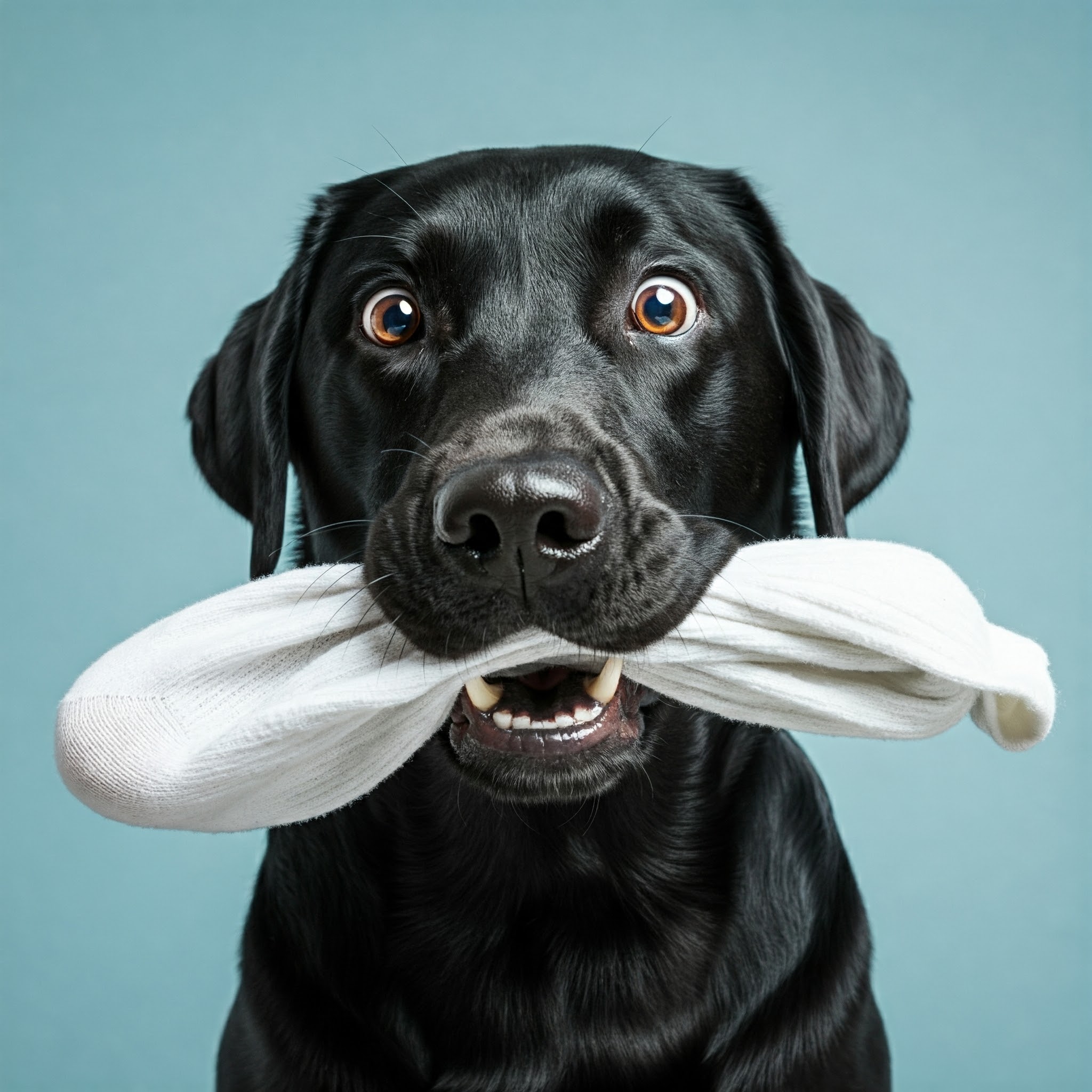Labrador che mastica un calzino: pericoli e prevenzione.