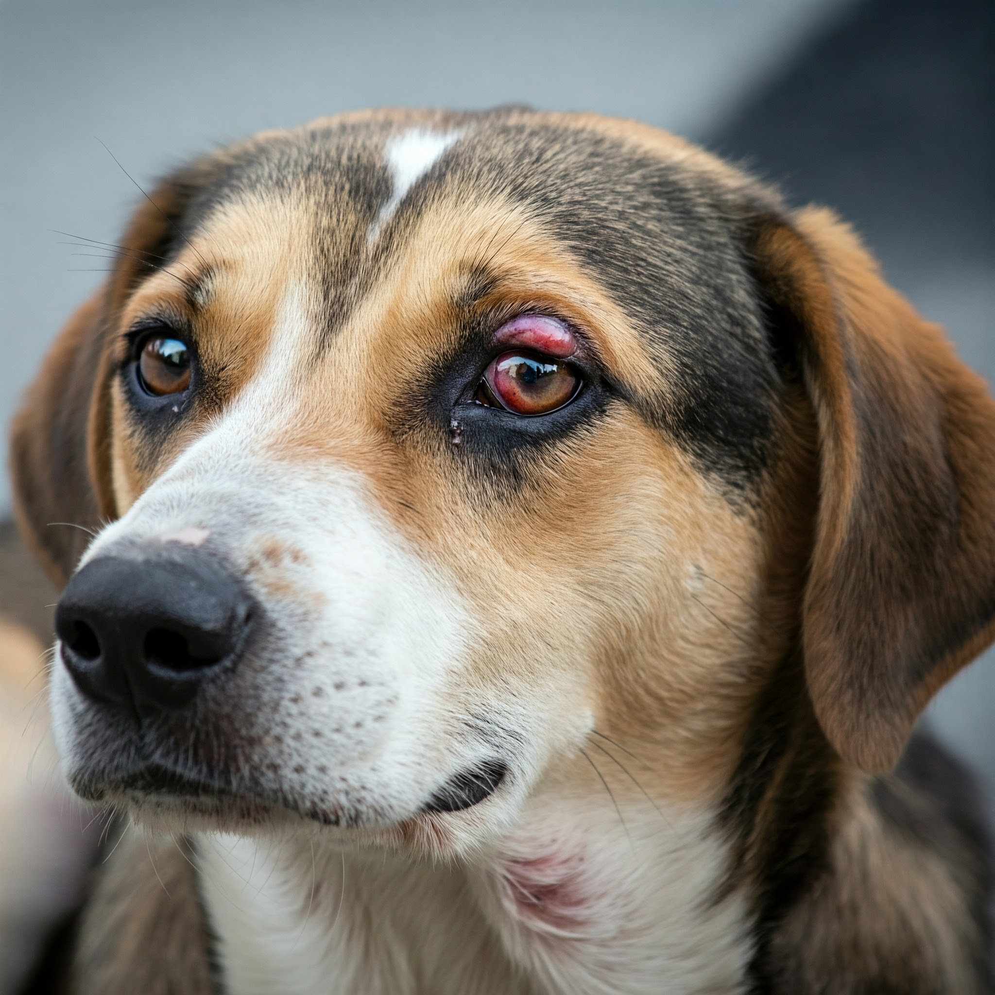 Primo piano dell'occhio di un cane con cheratite, che mostra arrossamento.