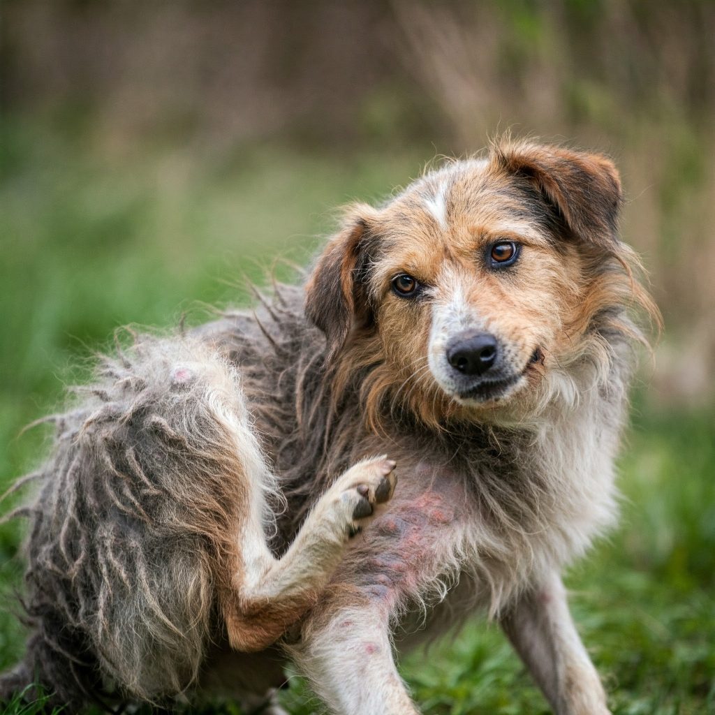 Cane che si gratta a causa del prurito da dermatite allergica da pulci