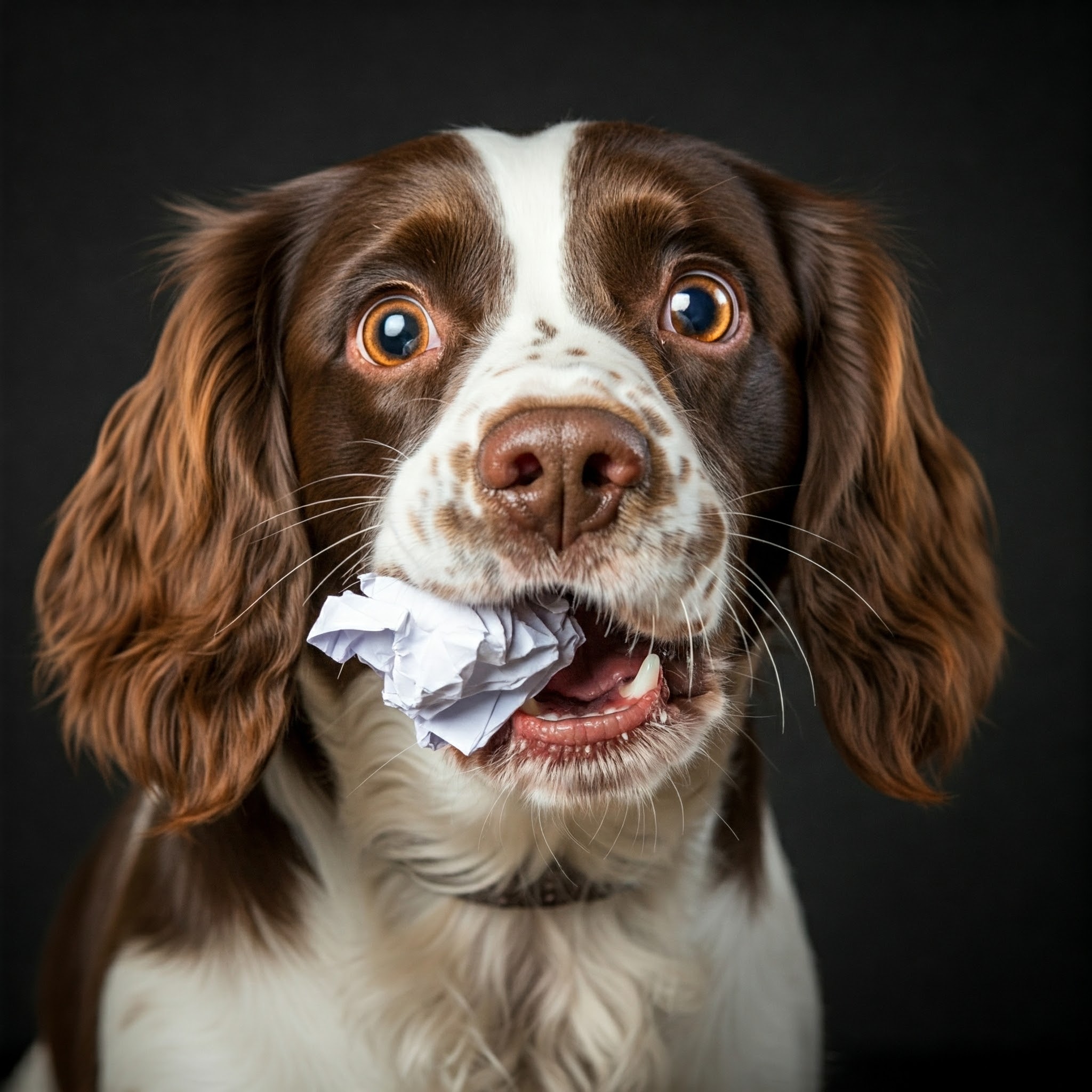 Cane mangia la carta: Spaniel con foglio in bocca.