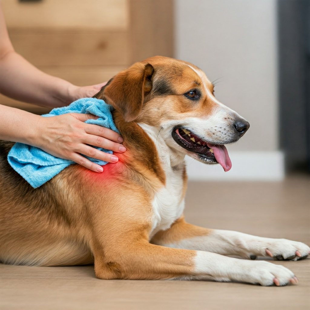 Miosite nel cane: proprietario applica impacchi freddi per alleviare il dolore.