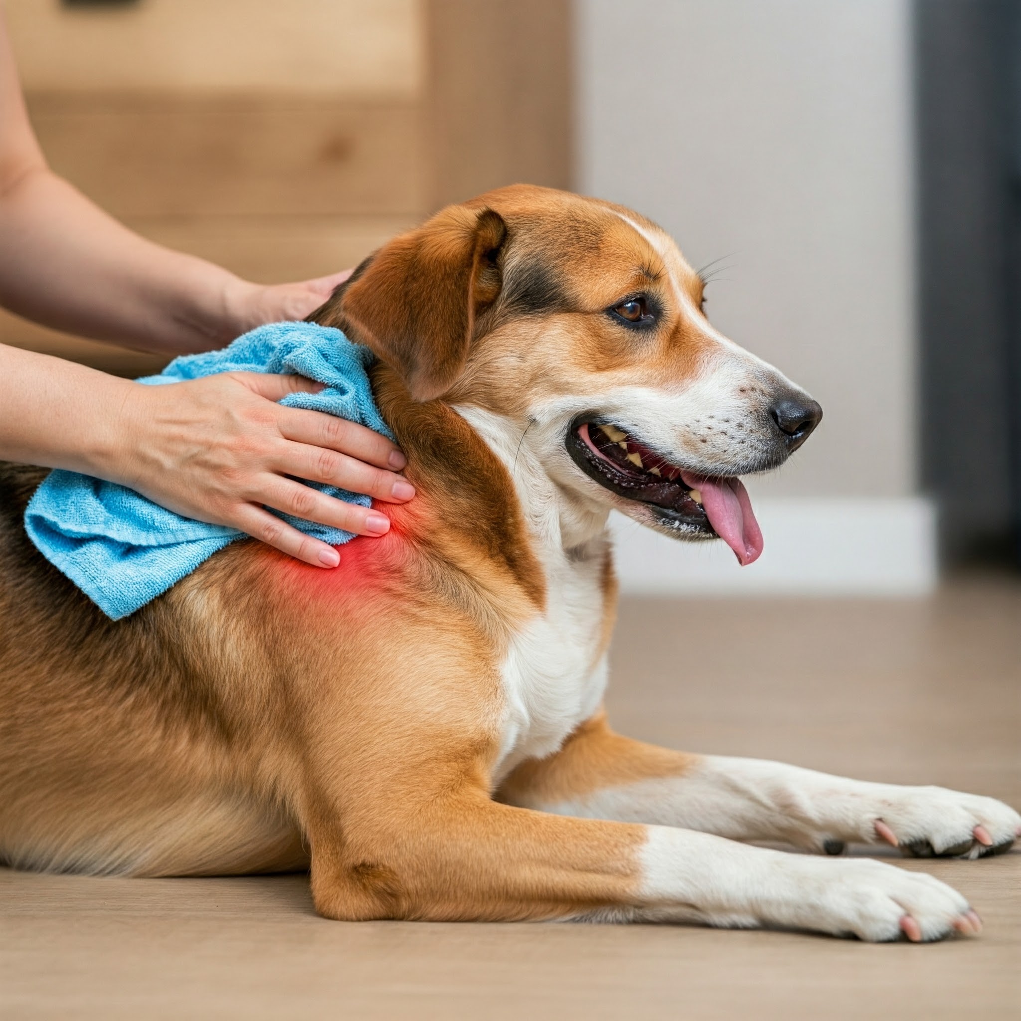Miosite nel cane: proprietario applica impacchi freddi per alleviare il dolore.