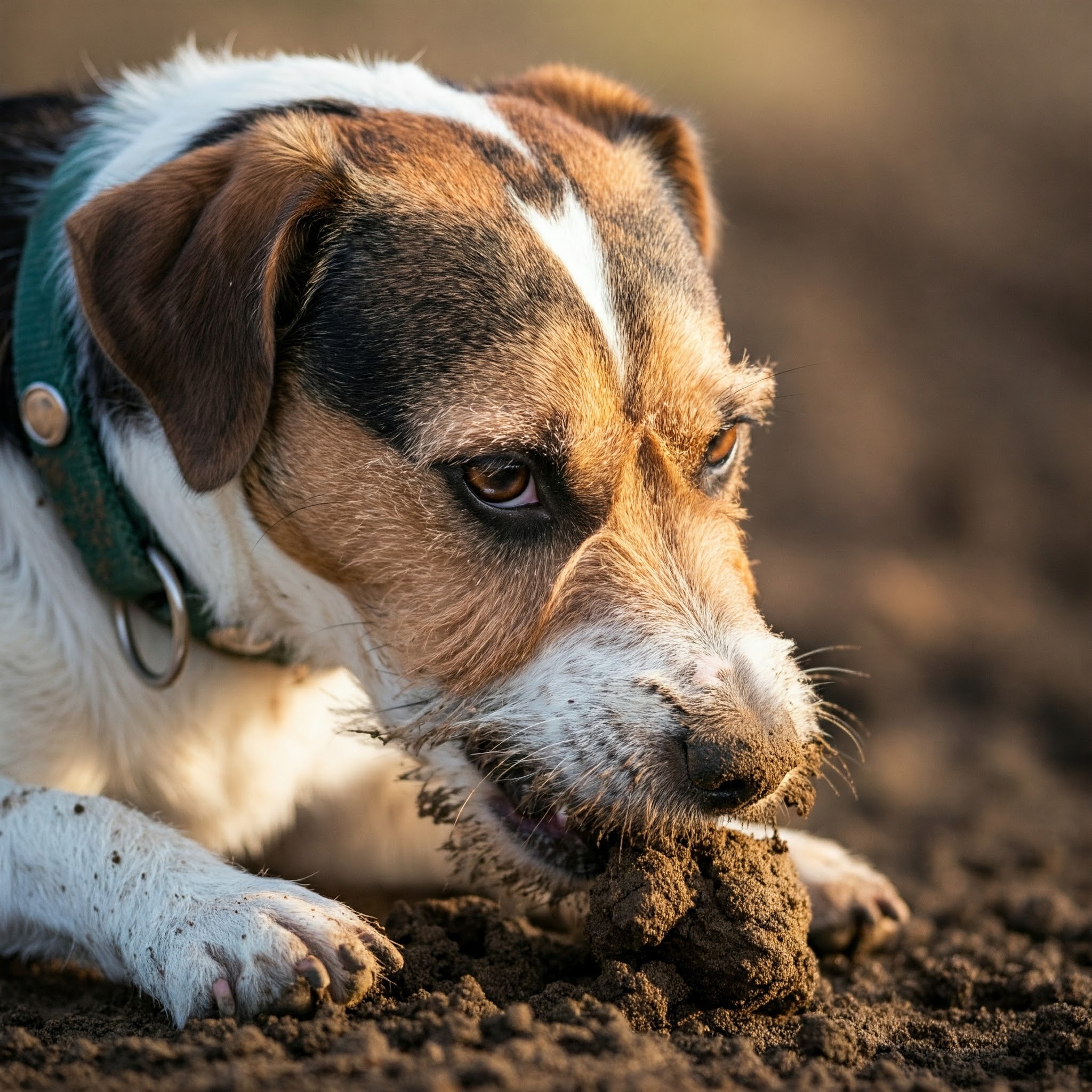 Cane che mangia terra: Terrier mix con muso sporco.
