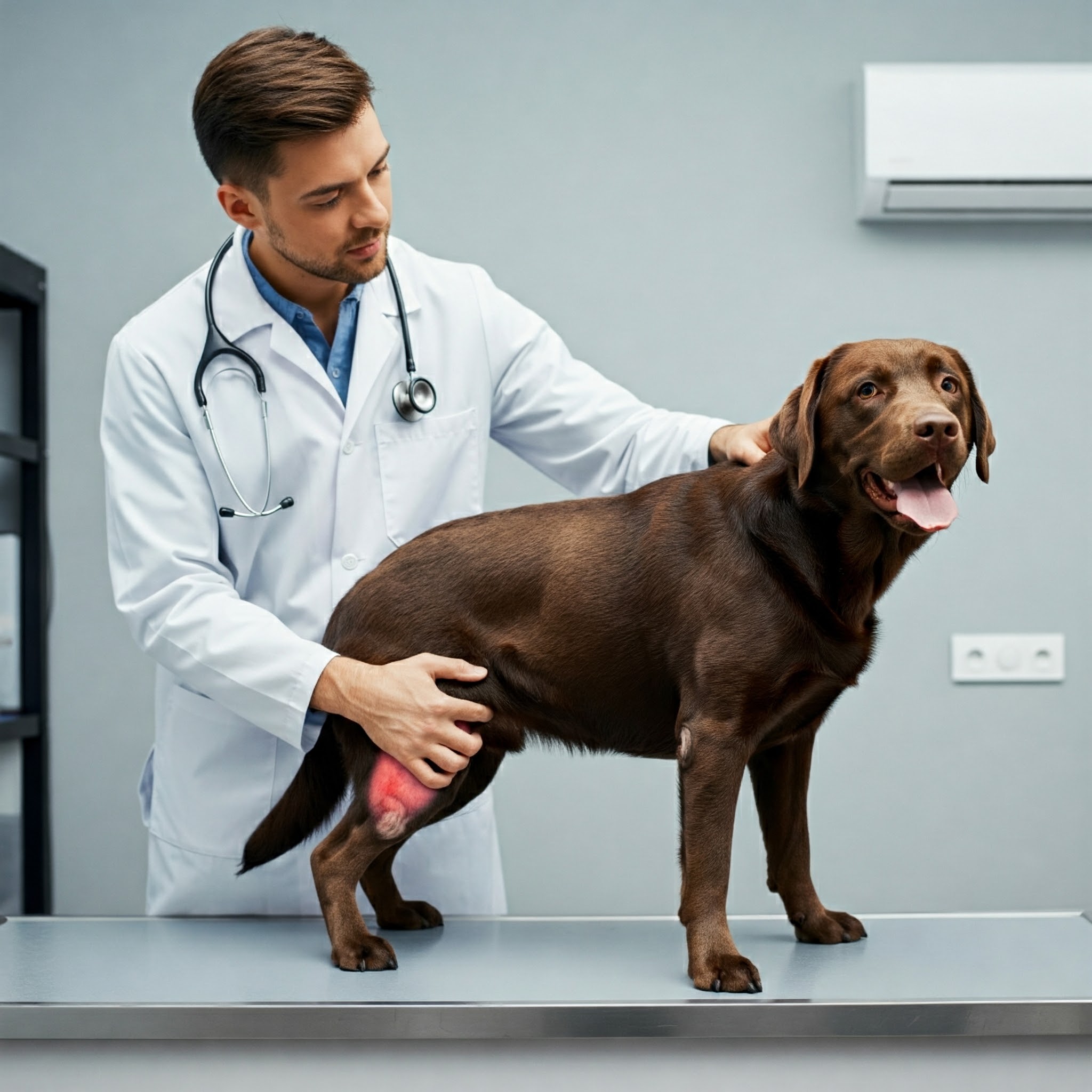 Un cane anziano con artrosi, che mostra segni di gonfiore alle articolazioni, zoppia e ridotta mobilità, viene esaminato da un veterinario in una clinica veterinaria.