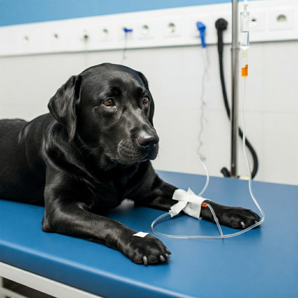 Labrador nero riceve flebo per curare la leucemia