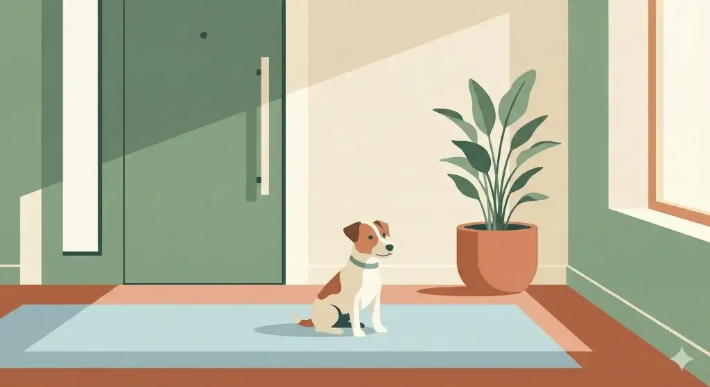 Illustrazione di un piccolo cane seduto tranquillamente in un appartamento moderno mentre osserva la porta d'ingresso.