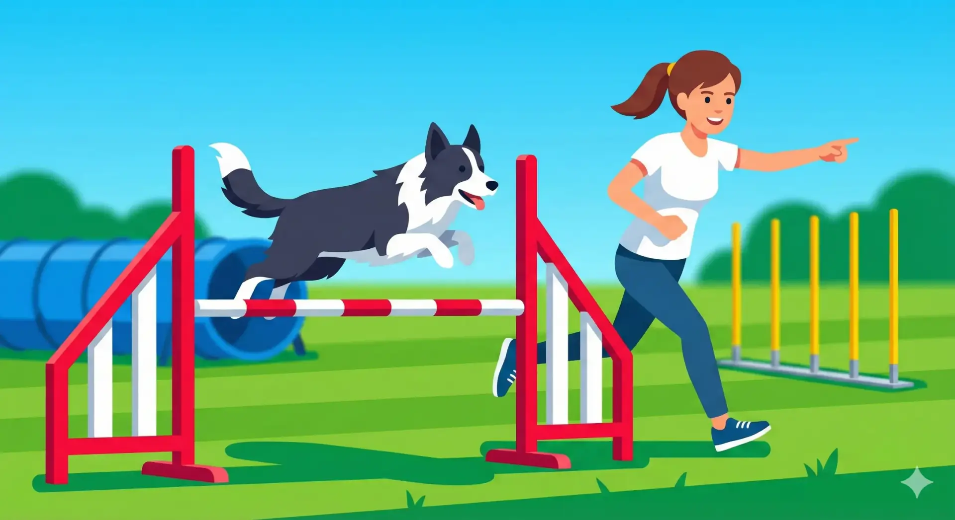 Illustrazione vettoriale flat design di un cane che salta un ostacolo di agility con il conduttore che corre a fianco.