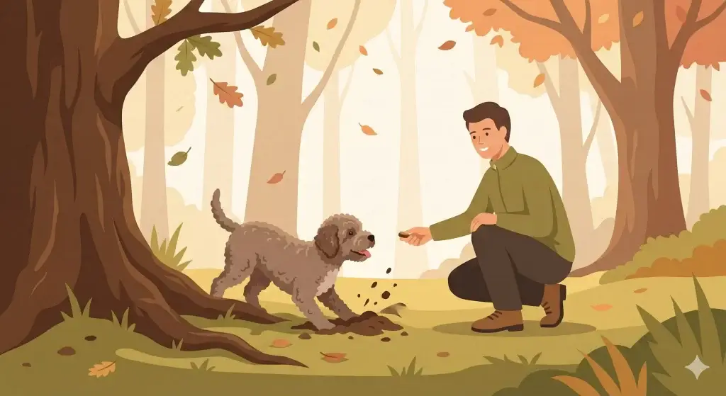 Illustrazione vettoriale moderna di un cane che cerca tartufi nel bosco e riceve un premio dal proprietario.