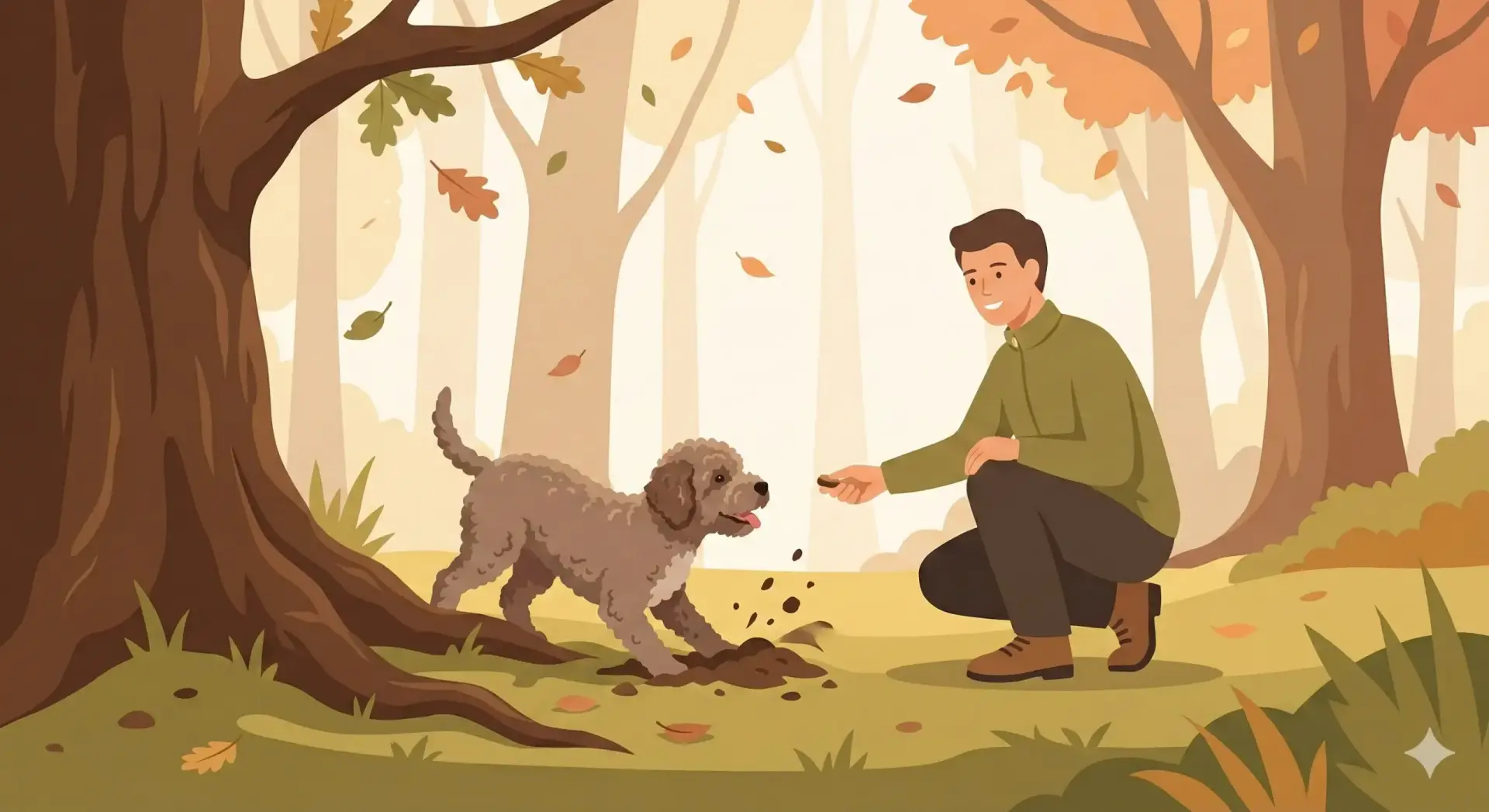 Illustrazione vettoriale moderna di un cane che cerca tartufi nel bosco e riceve un premio dal proprietario.