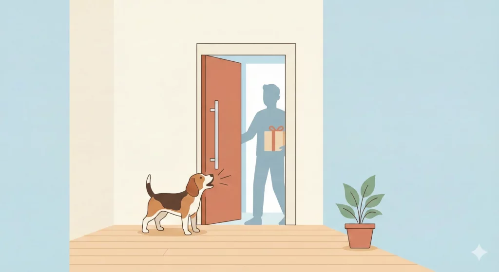 Illustrazione di un cane che abbaia alla porta mentre entrano degli ospiti in casa.