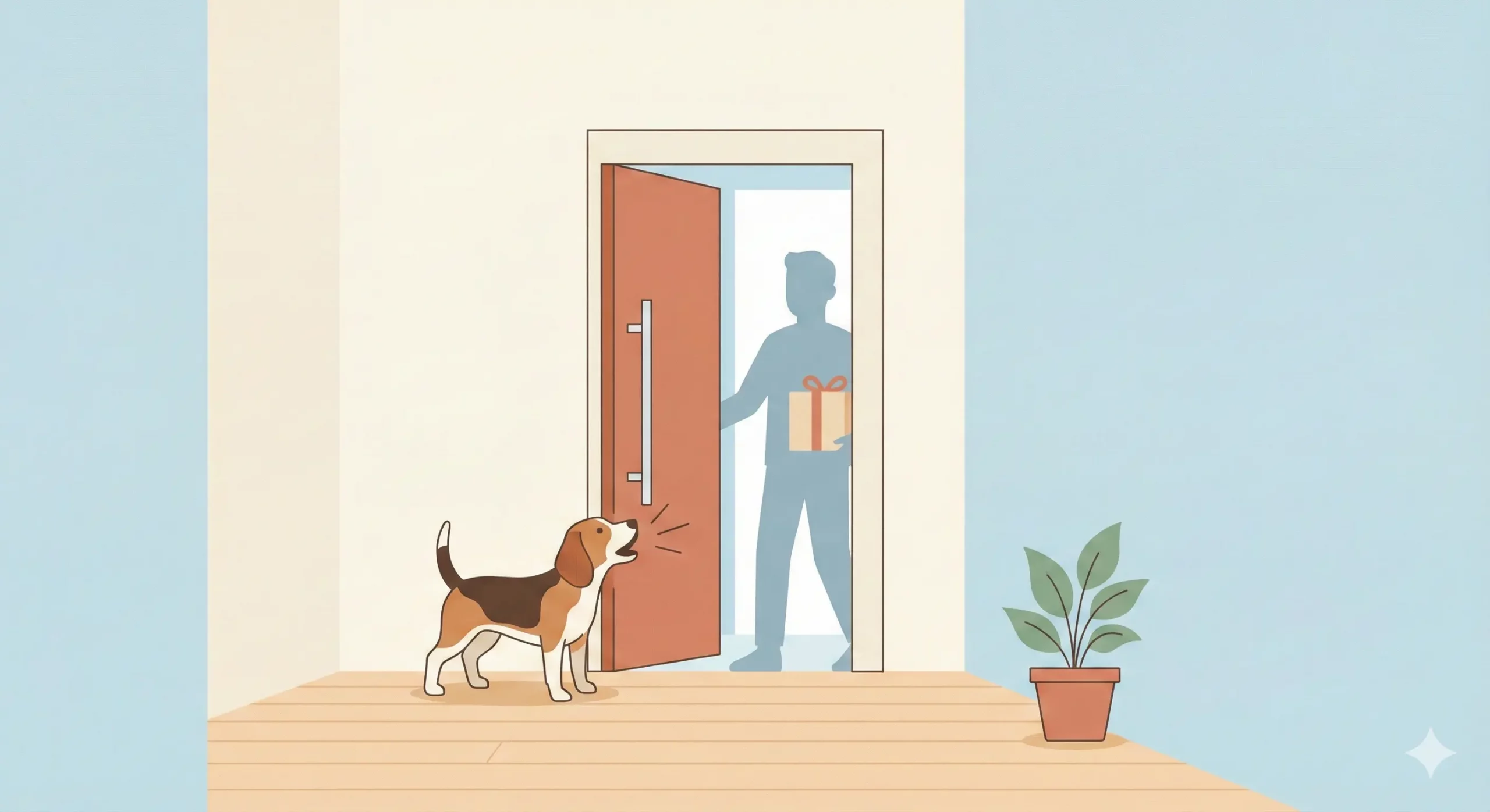 Illustrazione di un cane che abbaia alla porta mentre entrano degli ospiti in casa.
