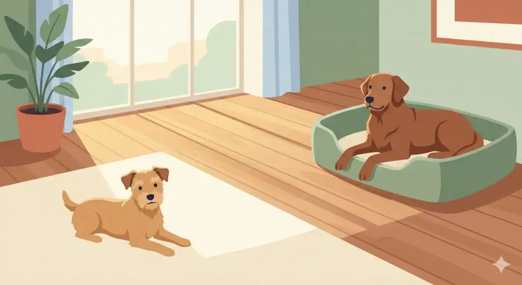 Illustrazione di due cani che si rilassano in zone diverse del soggiorno sotto la supervisione del proprietario.