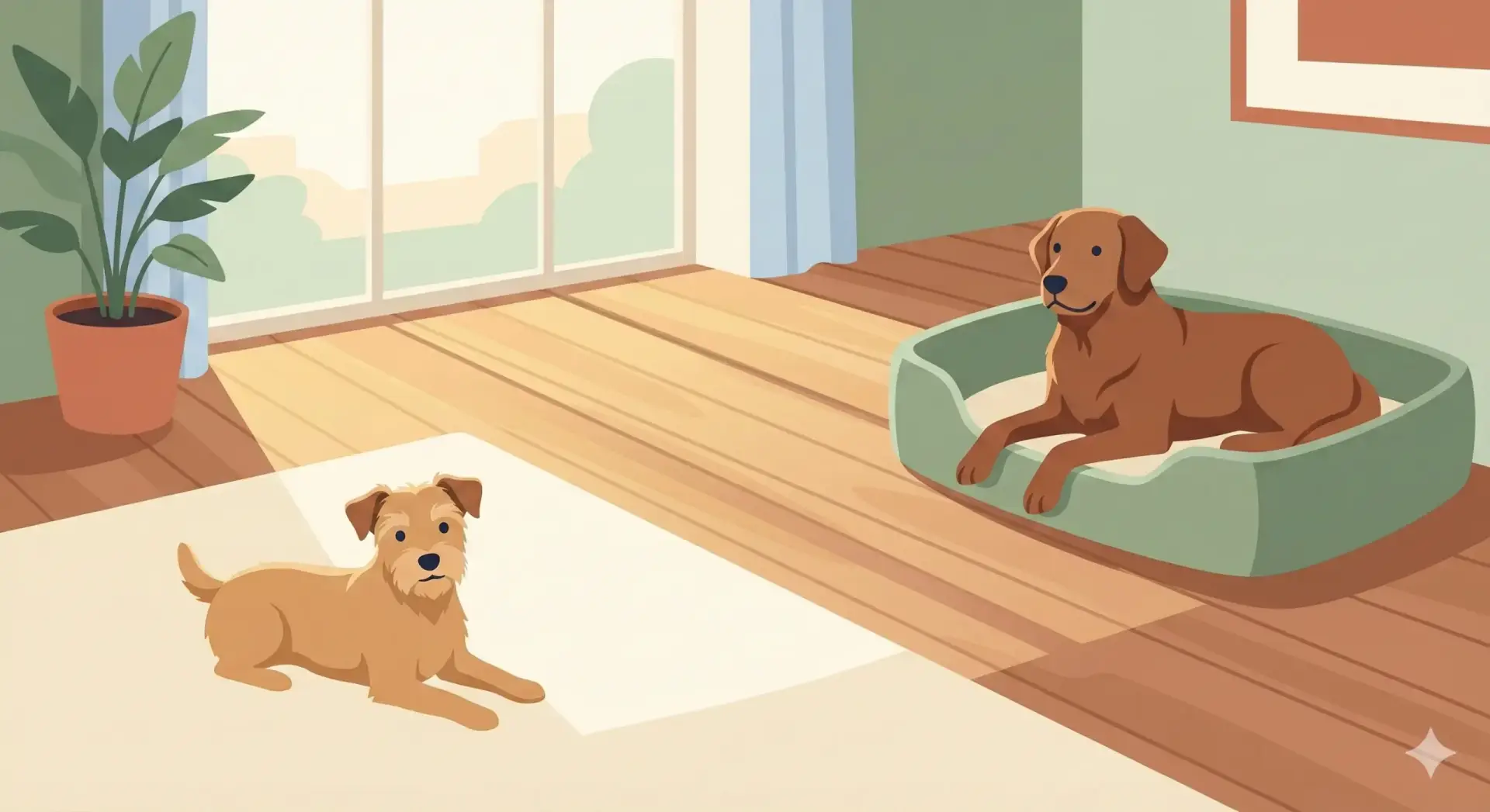 Illustrazione di due cani che si rilassano in zone diverse del soggiorno sotto la supervisione del proprietario.