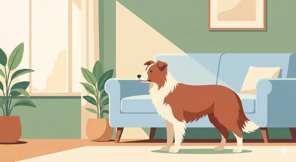 Illustrazione di un cane che appare teso in un ambiente domestico tranquillo, sottolineando l'importanza di capire le cause del cambio di carattere.