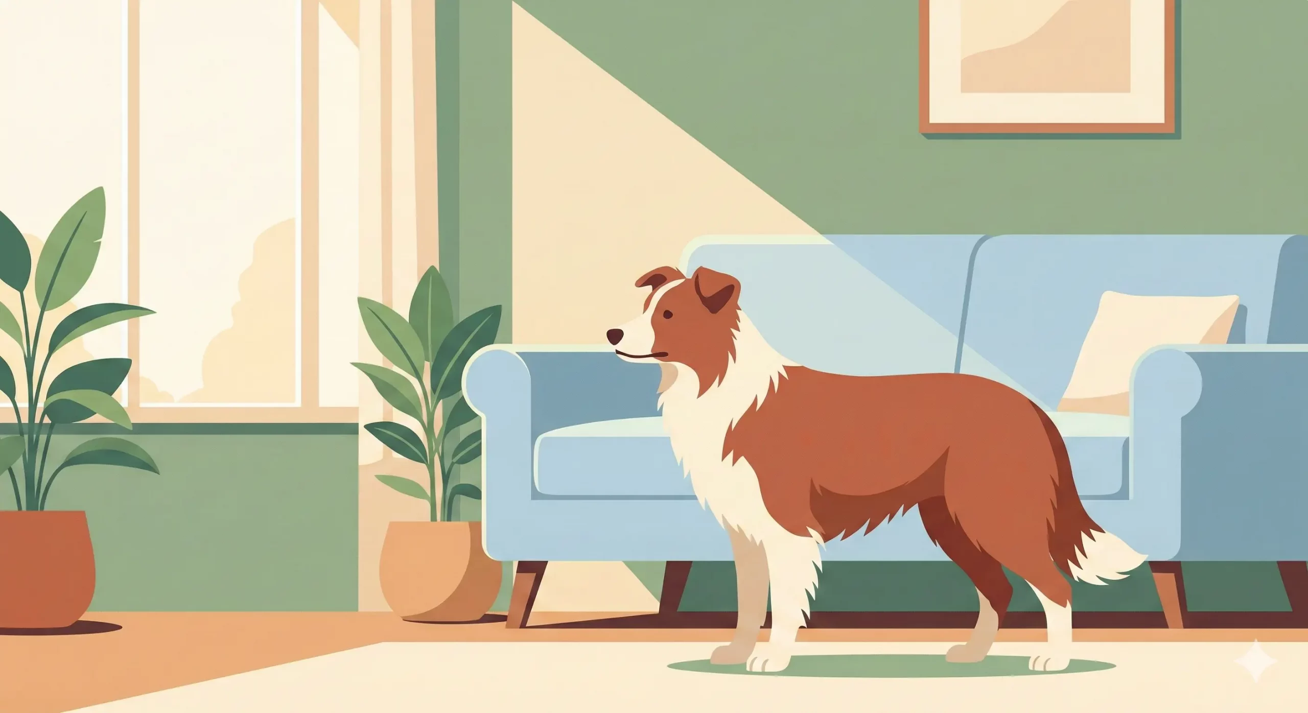 Illustrazione di un cane che appare teso in un ambiente domestico tranquillo, sottolineando l'importanza di capire le cause del cambio di carattere.