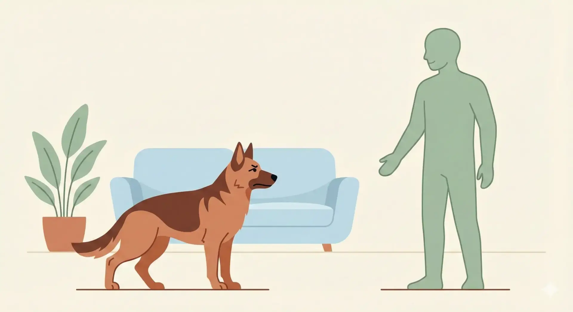Illustrazione di un cane che ringhia in modo teso all'interno di un soggiorno domestico.