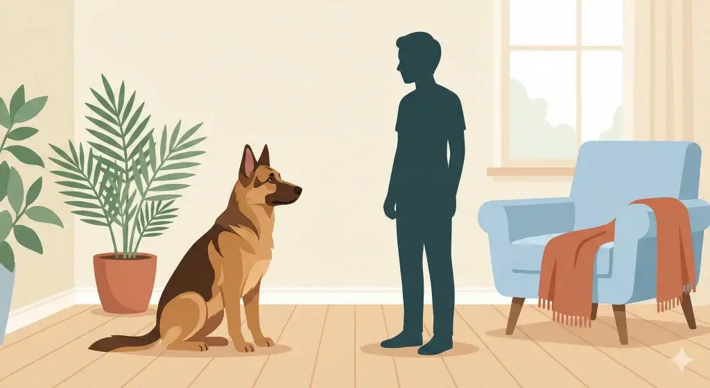 Illustrazione di un proprietario che osserva con calma e preoccupazione il proprio cane teso in un ambiente domestico.