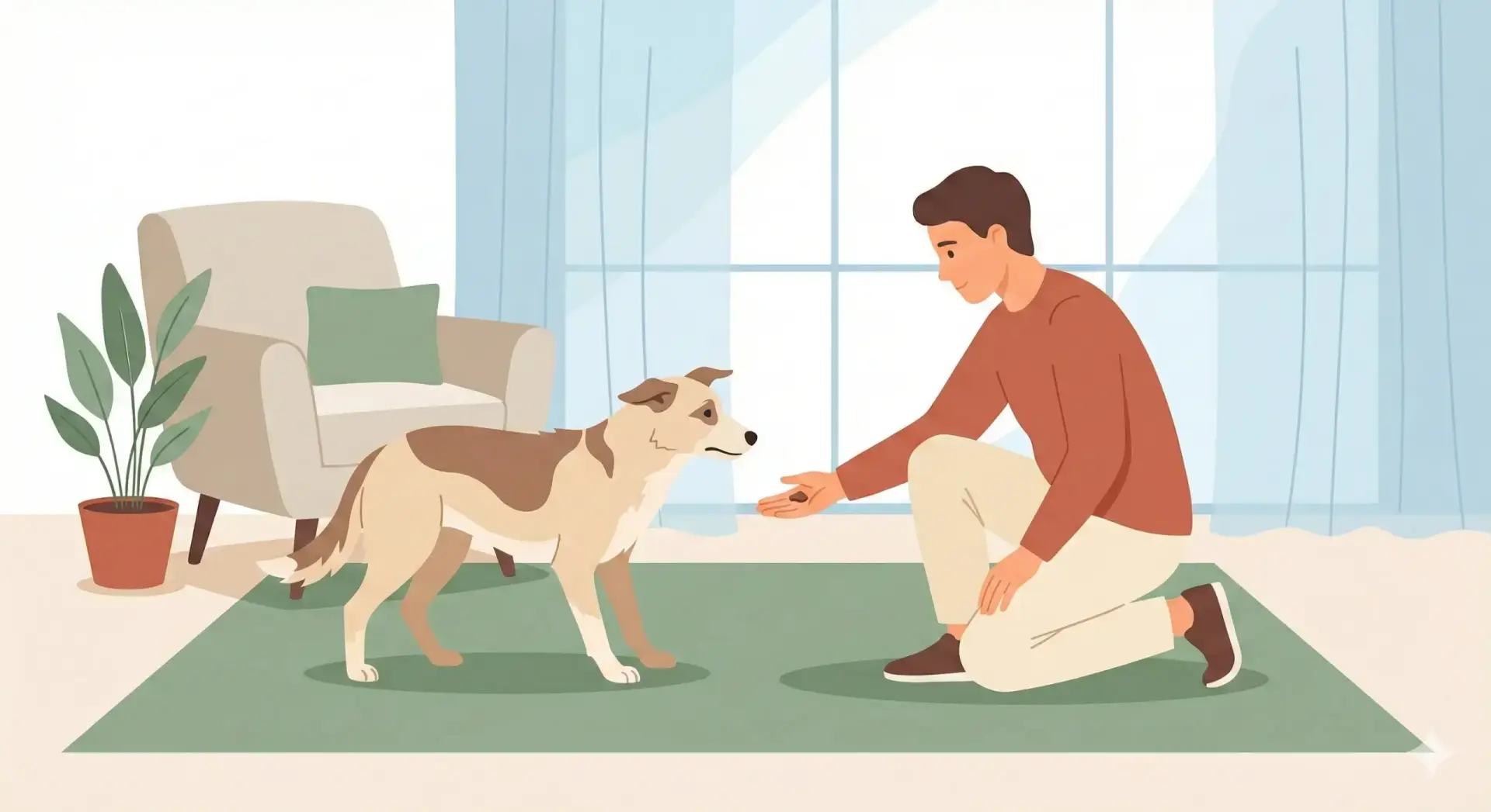 Illustrazione vettoriale di un educatore cinofilo che interagisce con calma con un cane insicuro, offrendo un rinforzo positivo per gestire l'aggressività in ambiente domestico.