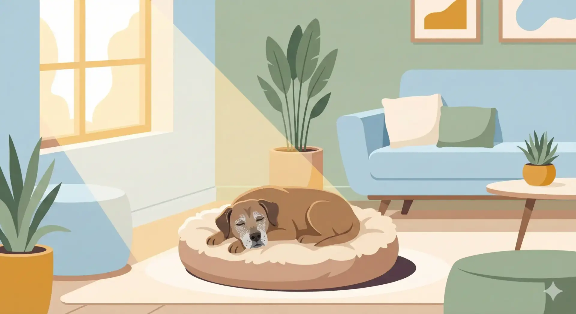 Un'illustrazione moderna in stile piatto che ritrae un cane anziano che dorme beatamente su una cuccia morbida in un soggiorno soleggiato.
